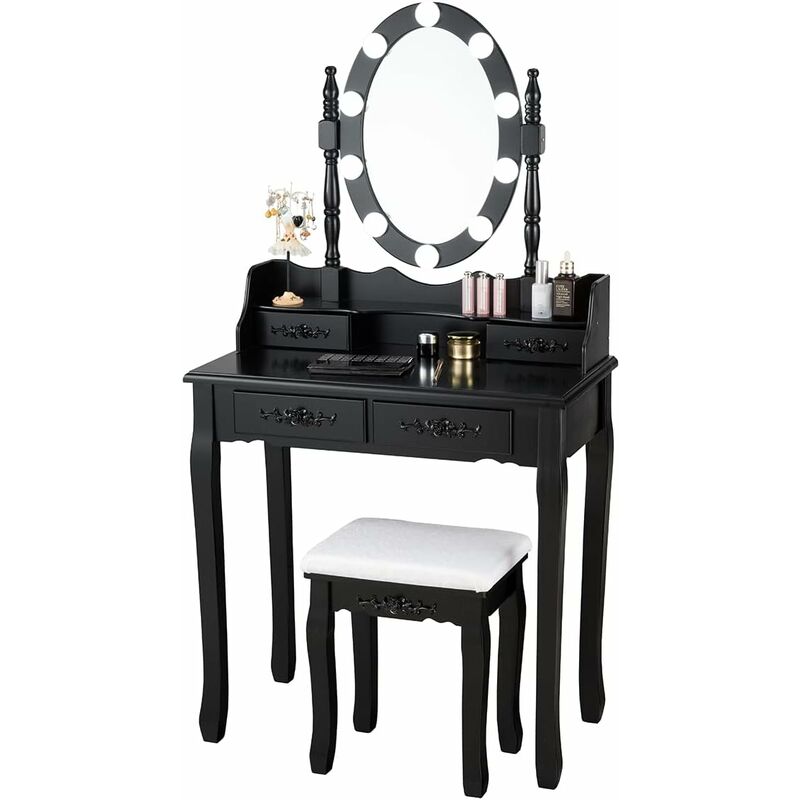 

Set Mesa Tocador Taburete con 10 Luces LED, Mesa de Maquillaje con Espejo Ovalado Iluminado e Interruptor Táctil, Iluminosidad Regulable (Negro)