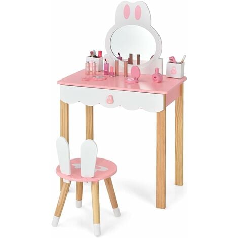 Tocador infantil con espejo y taburete, tocador para niñas con luz táctil y  juego de maquillaje de madera, mesa de tocador de princesa para niños