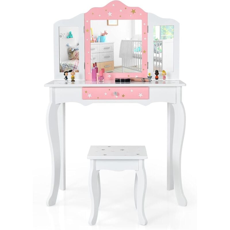 

Set Mesa Tocador y Taburete para Niños, Mesa Maquillaje Infantil con Espejo Tripartido, Cajón con Imprenta de Estrellas - Costway