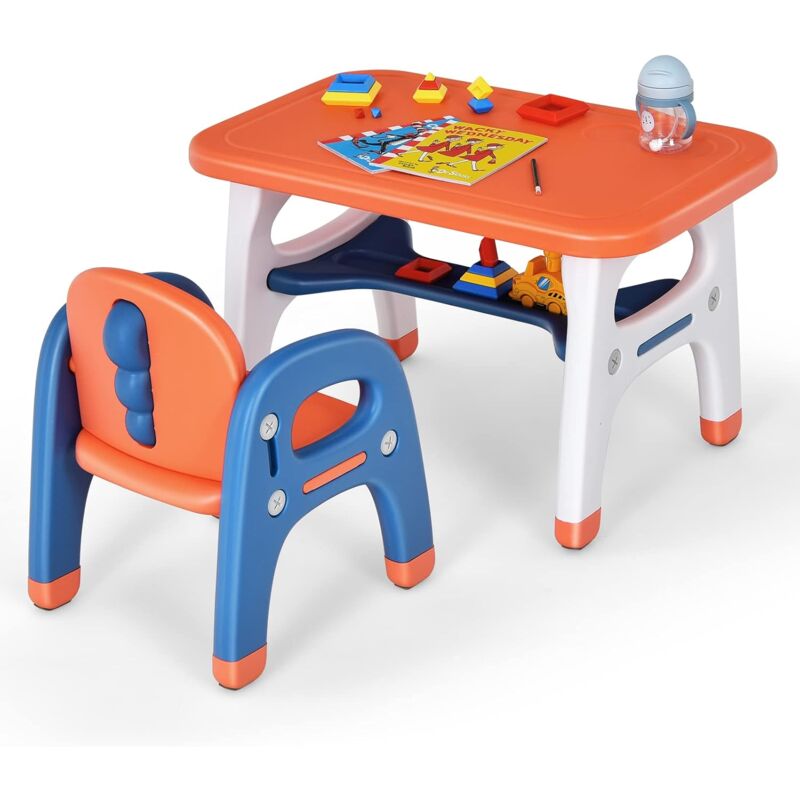 

Set Mesa y Silla para Niños 1-5 Años con Forma de Dinosaurio, Set Escritorio Actividades Artísticas y Estudio (Naranja) - Costway