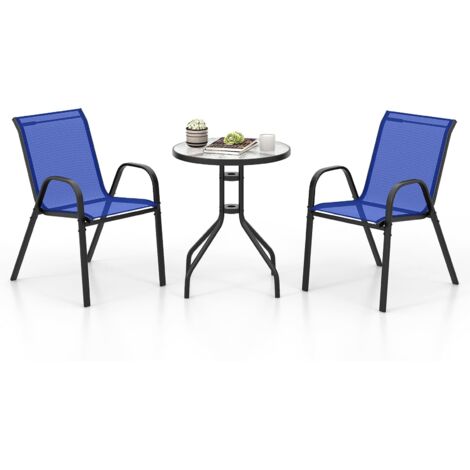COSTWAY Set Mobili da Giardino 3 Pezzi, con Tavolo Rotondo in Vetro Temperato e 2 Sedie in Textilene Traspirante, per Esterno Balcone Giardino (Blu)