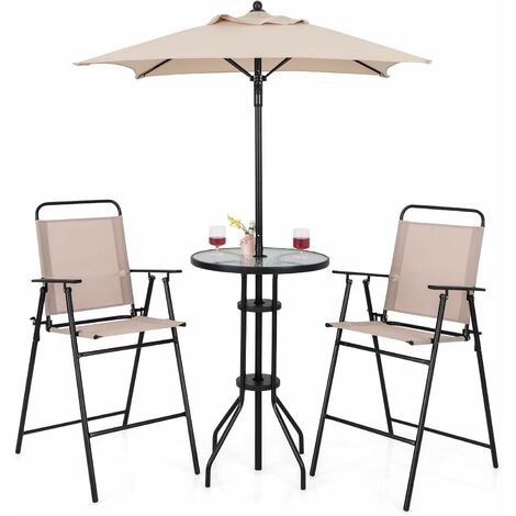 COSTWAY Set Mobili da Giardino 4 Pezzi in Metallo, Tavolo in Vetro e 2 Sedie Pieghevoli, Tavolo da Giardino con Ombrellone e Sedie, per Giardino, Portico, Balcone (Con Ombrello)