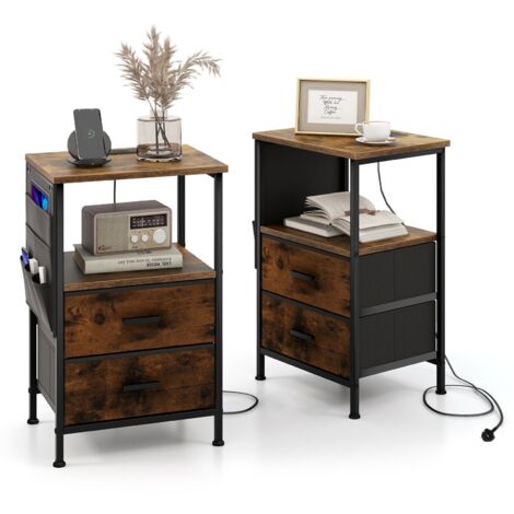 COSTWAY Set of 2 Nightstand with Charging Station Industrial Bedside Table W/ 2 Drawers