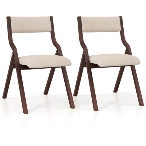 COSTWAY Set of 2 Padded Folding Chair Wooden Counter Dining Chairs W/ Linen Fabric Seat