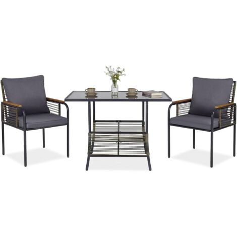 COSTWAY Set Salottino da Giardino in Vimini, Set di Mobili da 3 Pezzi per Esterno Salvaspazio con Cuscini, Tavolo Rettangolare e Sedie in Rattan per Balcone, Veranda, Giardino e Cortile (Grigio)