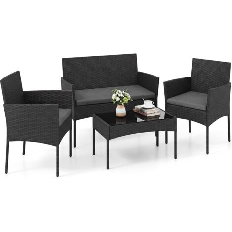 COSTWAY Set Salotto da Giardino 4 Pezzi,Poltrone in Rattan,con Cuscino Imbottito,Grigio