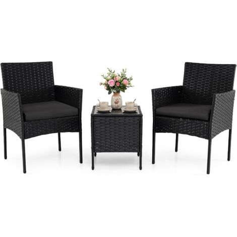 COSTWAY Set Salotto Giardino 3 Pezzi in Rattan con Tavolino Vetro e 2 Poltrone，Nero