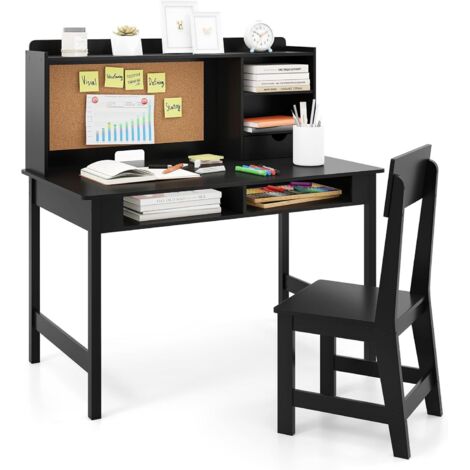 COSTWAY Set Scrivania e Sedia per Bambini,Bacheca in Sughero, Tavolo per Studenti in Legno，Nero
