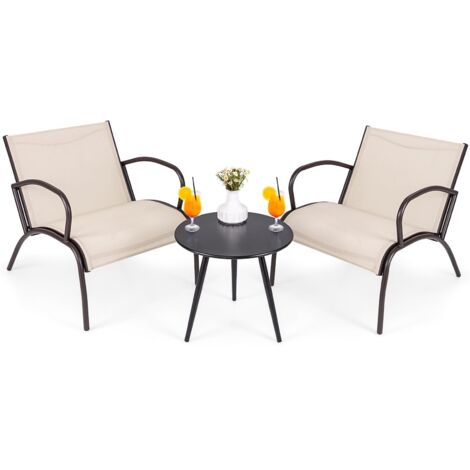 COSTWAY Set Tavolino e Poltrona a 3 Pezzi, Tavolino e Poltrone da Giardino con Seduta Curvata in Tessuto, Set di Mobili Esterno da Bistro, per Giardino Balcone Piscina