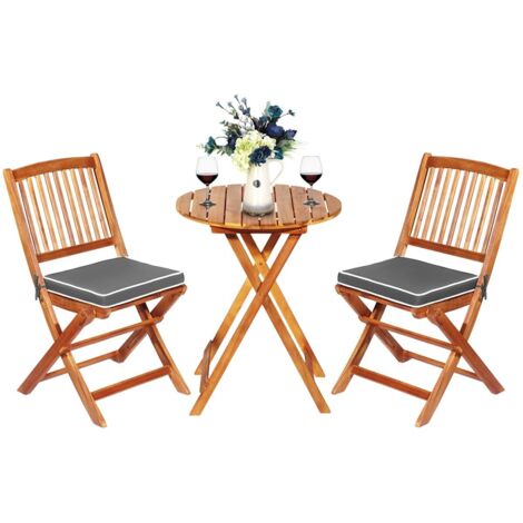 COSTWAY Set Tavolino e Sedie da Girdino Pieghevole, Set da Bistro 3 Pezzi in Legno di Acacia, con Cuscino, Set di Mobili da Esterno, Tavolino Portato 80kg, Sedie Portate 160kg (Cuscino Grigio)