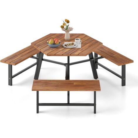 COSTWAY Set Tavolo con 3 Panche in Legno di Acaccia, con Foro per Ombrellone, Tavolo da Campeggio con Telaio in Metallo, Set Mobile da Picnic per Cortile Patio