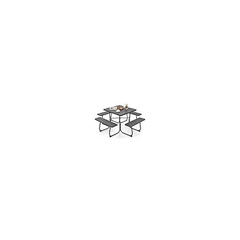 COSTWAY Set Tavolo da Picnic Quadrato con Panche per 8 Persone, Tavolo da Picnic con 4 Panche e Foro per Ombrellone, con Telaio in Metallo, Ogni Panca Portata 225 kg, per Giardino, Cortile (Nero)