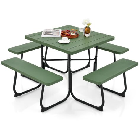 COSTWAY Set Tavolo da Picnic Quadrato con Panche per 8 Persone, Tavolo da Picnic con 4 Panche e Foro per Ombrellone, con Telaio in Metallo, Ogni Panca Portata 225 kg, per Giardino, Cortile (Verde)