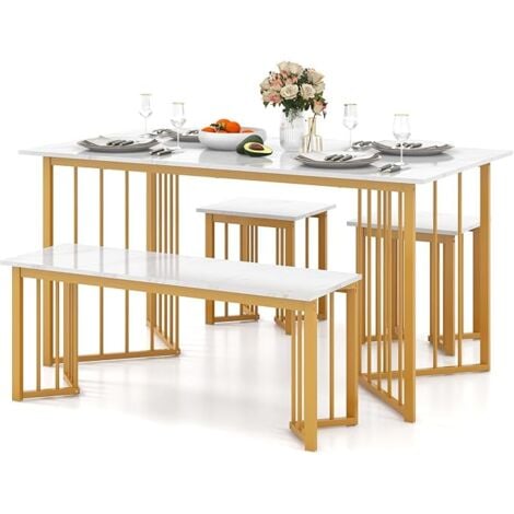 COSTWAY Set Tavolo da Pranzo a 4 Posti, Tavolo da Pranzo Rettangolare con Panca e 2 Sgabelli, con Gambe in Metallo Alate, per Cucina, Soggiorno, Sala da Pranzo, 150 x 80 x 75 cm