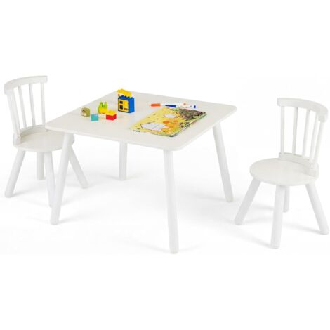 COSTWAY Set Tavolo e 2 Sedie per Bambini, Schienali a Spindola Curvi,Legno Massello,Bianco
