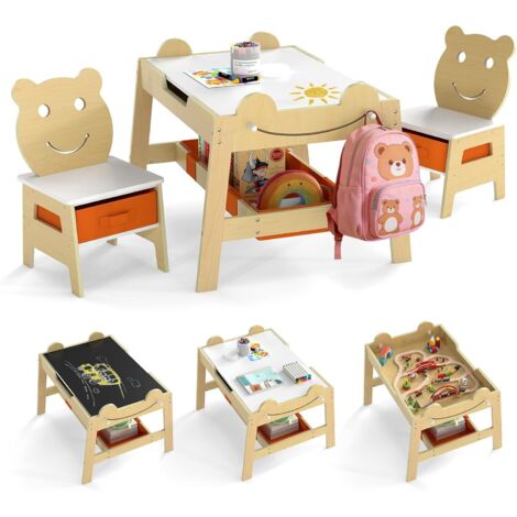 COSTWAY Set Tavolo e 2 Sedie per Bambini,Lavagna Reversibile,5 in 1 Tavolino e Sedie，3+ Anni，Naturale