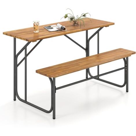 COSTWAY Set Tavolo e Panca a 2 Posti, Tavolo da Picnic con Seduta Laterale in Legno di Acacia, Gambe in Metallo, Mobili da Pranzo da Esterno Robusti per Balcone, Giardino, Piscina, Cortile