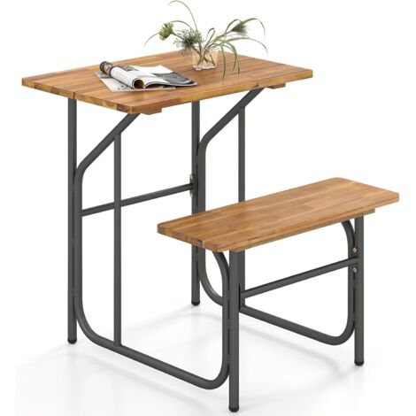 COSTWAY Set Tavolo e Panca per Patio, Tavolo da Picnic con Seduta Laterale in Legno di Acacia, Gambe in Metallo, Mobili da Pranzo da Esterno Robusti per Balcone, Giardino, Piscina, Cortile