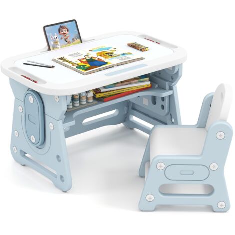 COSTWAY Set Tavolo e Sedia per Bambini 3+ Anni, Tavolo Regolabile in Altezza con Lavagna Inclinabile, Sedia Ergonomica, Supporto per Libri e Ripiano Concavo, per Disegnare e Leggere (Blu)