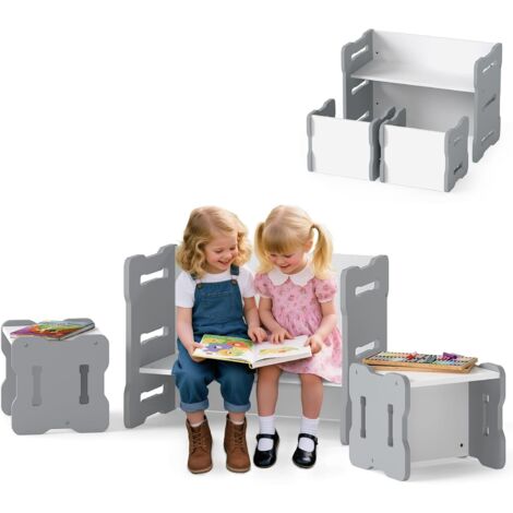 COSTWAY Set Tavolo e Sedia per Bambini, Set 3 Pezzi per Bambini con 2 Sgabelli e Tavolo Attività, Angoli Arrotondati e Maniglia, Mobili Multifunzionali per Casa, Scuola e Asilo (Grigio)