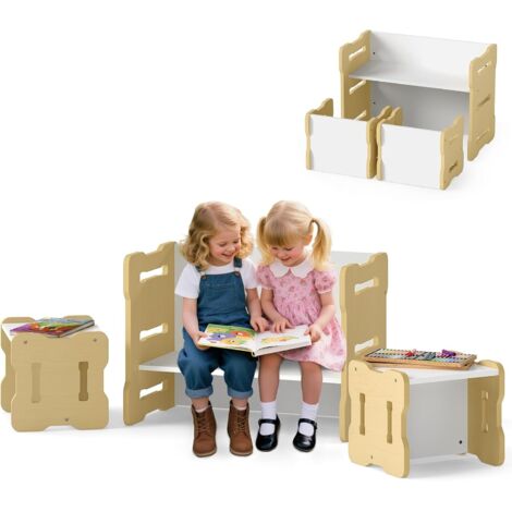 COSTWAY Set Tavolo e Sedia per Bambini, Set 3 Pezzi per Bambini con 2 Sgabelli e Tavolo Attività, Angoli Arrotondati e Maniglia, Mobili Multifunzionali per Casa, Scuola e Asilo (Naturale)