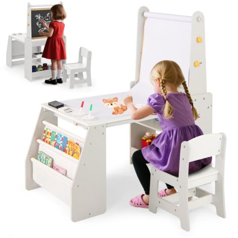 COSTWAY Set Tavolo e Sedia per Bambini, Tavolo in Materiale Sicuro con Lavagna e Sedia, Lavagna Bianca, Rotolo di Carta, 2 Ripiani Aperti e Libreria a 2 Ripiani, Ideale per Disegno (Grigio)