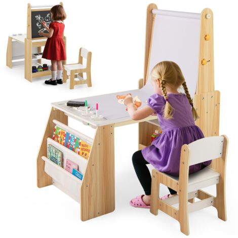 COSTWAY Set Tavolo e Sedia per Bambini, Tavolo in Materiale Sicuro con Lavagna e Sedia, Lavagna Bianca, Rotolo di Carta, 2 Ripiani Aperti e Libreria a 2 Ripiani, Ideale per Disegno (Naturale)