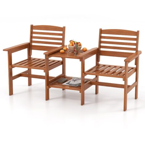 COSTWAY Set Tavolo e Sedie da Giardino con Foro per Ombrellone, Set di Mobili a 2 Posti in Legno, Tavolo e Sedia da Bistro, Tavolino Portata 35 kg, Sedia Portata 120 kg, per Giardino, Patio