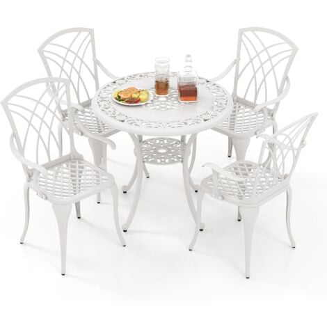 COSTWAY Set Tavolo e Sedie per Giardino, Set da Giardino in Alluminio Pressofuso da 5 Pezzi, Tavolo con Foro per Ombrellone, Tavolo da Esterno con 4 Sedie, per Giardino e Balcone, Bianco