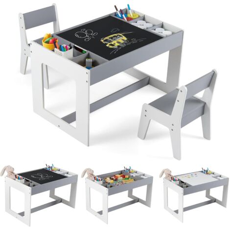 COSTWAY Set Tavolo Multifunzionale per Bambini e 2 Sedie, Piano Doppio Rimovibile，Grigio