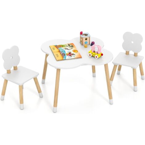 COSTWAY Set Tavolo per Bambini 3+ Anni a Forma di Fiore, 2 Sedie e Gambe in Legno di Pino Solido