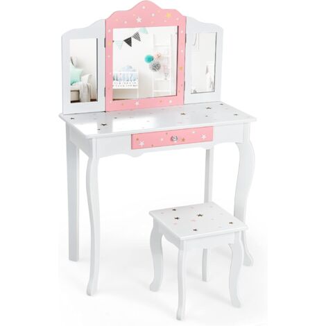 COSTWAY Set Tavolo Toeletta per Bambini - Specchio Tripartito, Cassetto, Sgabello, Tavolo e Parte Superiore Smontabile, Bianco