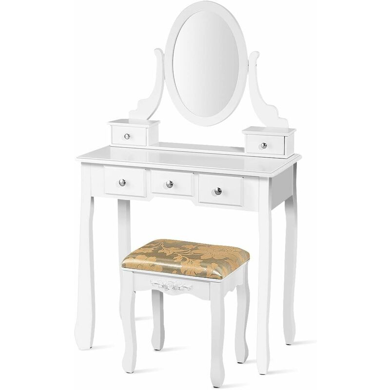 

Set Tocador con Espejo Giratorio, Mesa para Maquillarse Escritorio Multifuncional con Taburete Acolchado (Blanco) - Costway