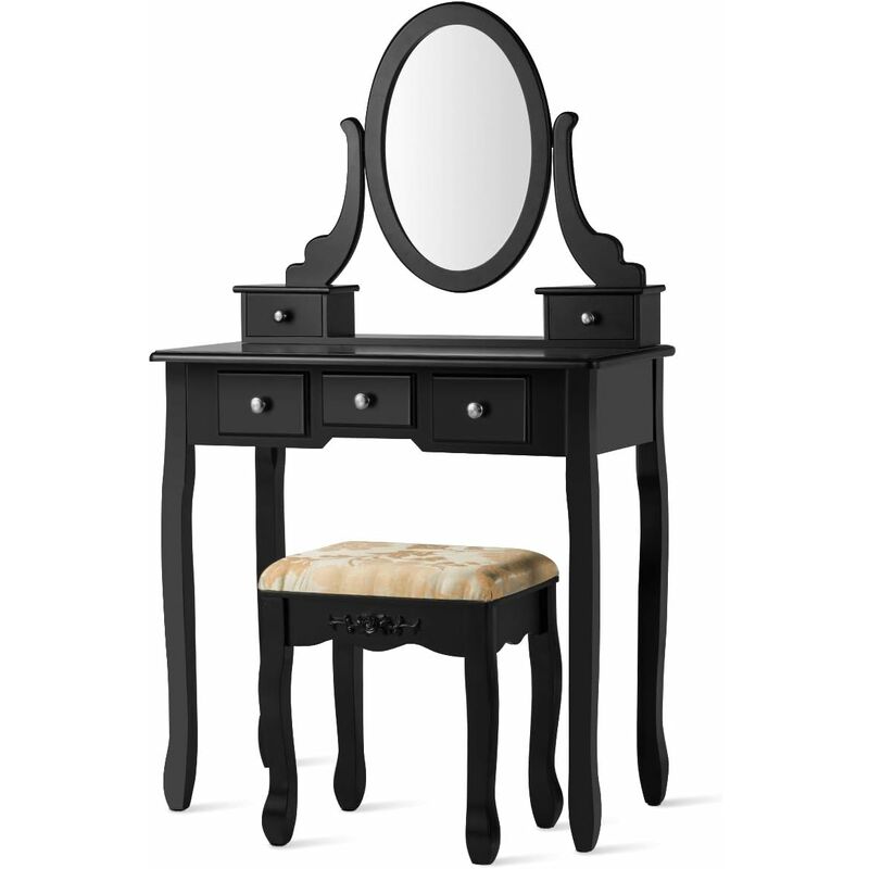 

Set Tocador con Espejo Giratorio, Mesa para Maquillarse Escritorio Multifuncional con Taburete Acolchado (Negro) - Costway