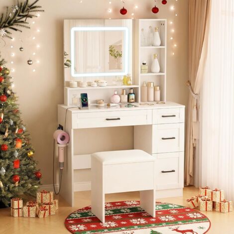 COSTWAY Set Toeletta Trucco con Luci,Prese di Stazione,Piano in Vetro，per Camera da Letto