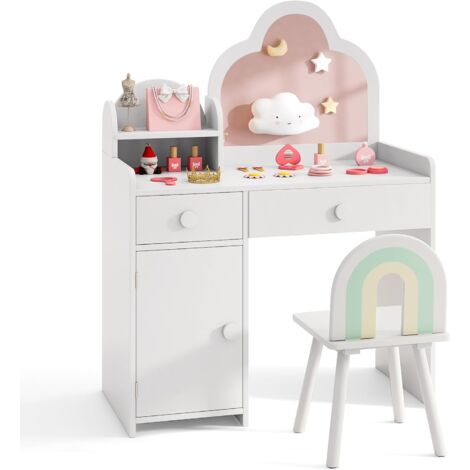 COSTWAY Set Toeletta Trucco per Bambina con Sedia, Tavolo Trucco Specchio a Nuvola Staccabile, Postazione Trucco con Ante e 2 Cassetti, per Bambine 3-7 Anni, Bianco