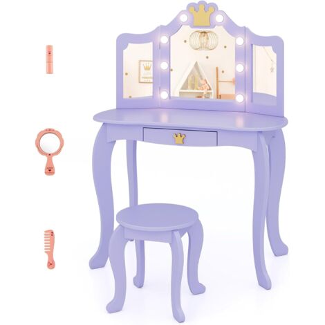 COSTWAY Set Toeletta Trucco per Bambina con Sgabello, Tavolo Trucco Triplo Specchio Staccabile con Luci LED a 3 Colori, Postazione Trucco con Cassetto e Accessori, per Bambine 3-7 Anni (Viola)