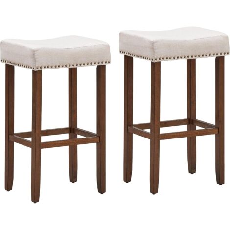 COSTWAY Sgabello a Sella in Legno Massello a 2 Pezzi, Sgabello da Cucina Altezza da Banco (74 cm), Nailhead-Sgabello da Bar con Poggiapiedi, Perfetto per Cucina, Bar, Capacità di Carico: 120 kg, Beige