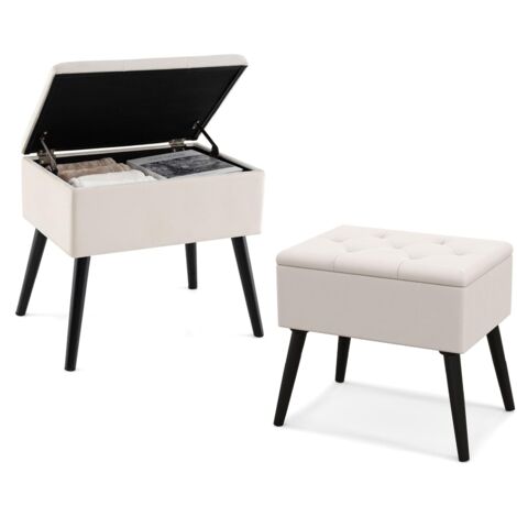 COSTWAY Sgabello Contenitore, Pouf Sgabello Ottoman, Poggiapiedi Moderno da Trucco, con Gambe in Legno Massello & Seduta Imbottita, Portata 150 kg, 49,5 x 35 x 46,5 cm (Beige)