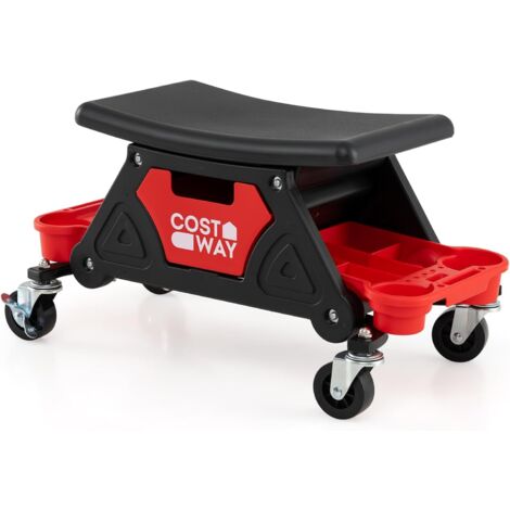 COSTWAY Sgabello da Officina con Ruote, Sedia Meccanico con Cassetto Estraibile e 2 Vassoi Divisori, capacità di 135 kg, per Riparazione Auto, per Garage e Officina