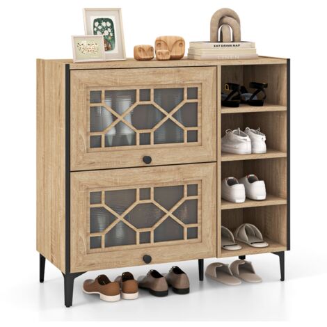COSTWAY Shoe Storage Cabinet Freestanding Shoe Organizer w/ Flip Doors-Oak