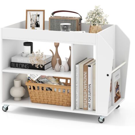 COSTWAY Side End Table 3-Tier Bookshelf Rolling Nightstand w/ Wheels-White