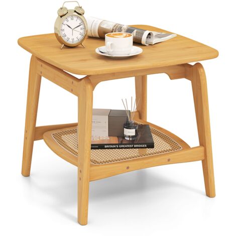 COSTWAY Side Table Bamboo Sofa Side Table w/Faux Rattan Storage Shelf-Natural