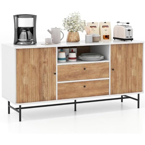 COSTWAY Sideboard Holz, Buffetschrank mit Schiebetüren & 2 Schubladen, Buffet mit Metallbeinen & Kippschutz, TV Schrank modern, für Küche Esszimmer Wohnzimmer, Weiß+Natur, 150 x 45 x 74 cm