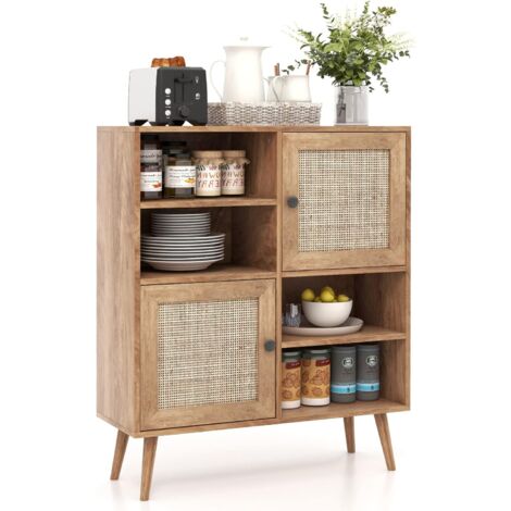 COSTWAY Sideboard Holz, Kommode mit 4 Fächern & 2 Türen, Anrichteschrank Rattan, Schrank modern, 80 x 29,5 x 97cm