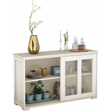 COSTWAY Sideboard mit höhenverstellbarer Ablage und Schiebetüren aus gehärtetem Glas, Küchenschrank 107 x 33 x 62,5 cm, Cremeweiß