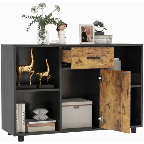 COSTWAY Sideboard mit Schublade, 4 offenen Fächern und 1 Tür, Küchenschrank Antikipp-Schutz, Buffet Schrank Vintage, Aufbewahrungsschrank für Küche, Esszimmer und Wohnzimmer