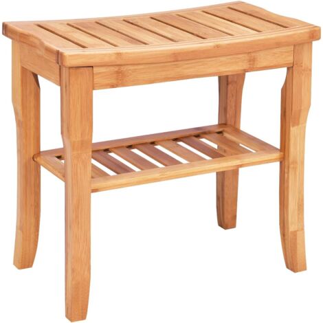 COSTWAY Siège de Douche en Bambou Marron avec Etagère de Rangement, Antidérapant, Capacité de Charge Max. 85KG 47,5 x 26 x 44,5 cm