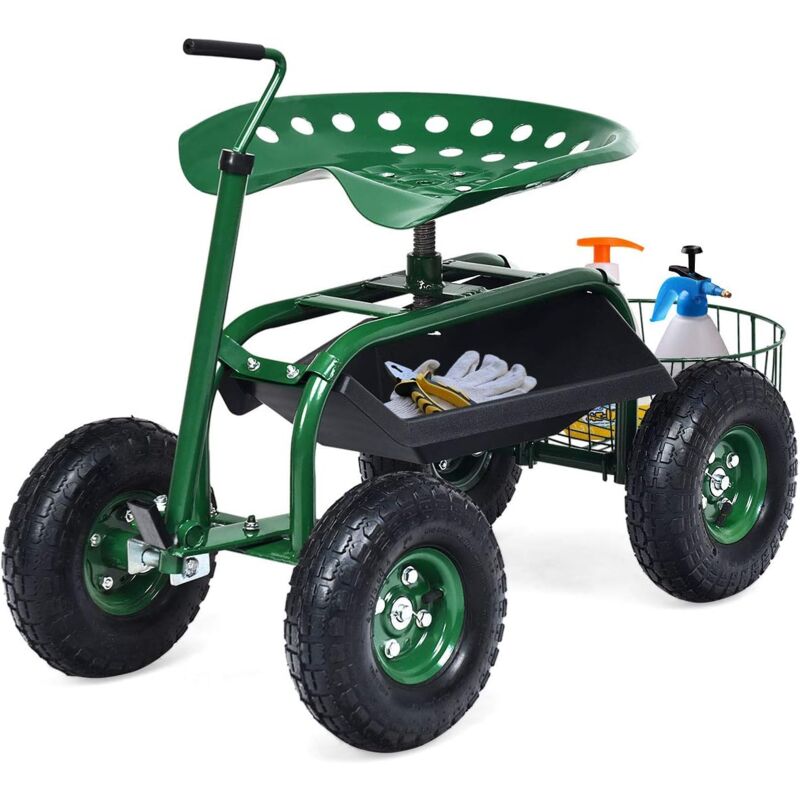 Siège de Jardin Roulant avec Poignée Extensible, Chariot Jardinage avec Siège Rotative 2 Plateaux à Outils Panier de Rangement 4 Roues en Caoutchouc
