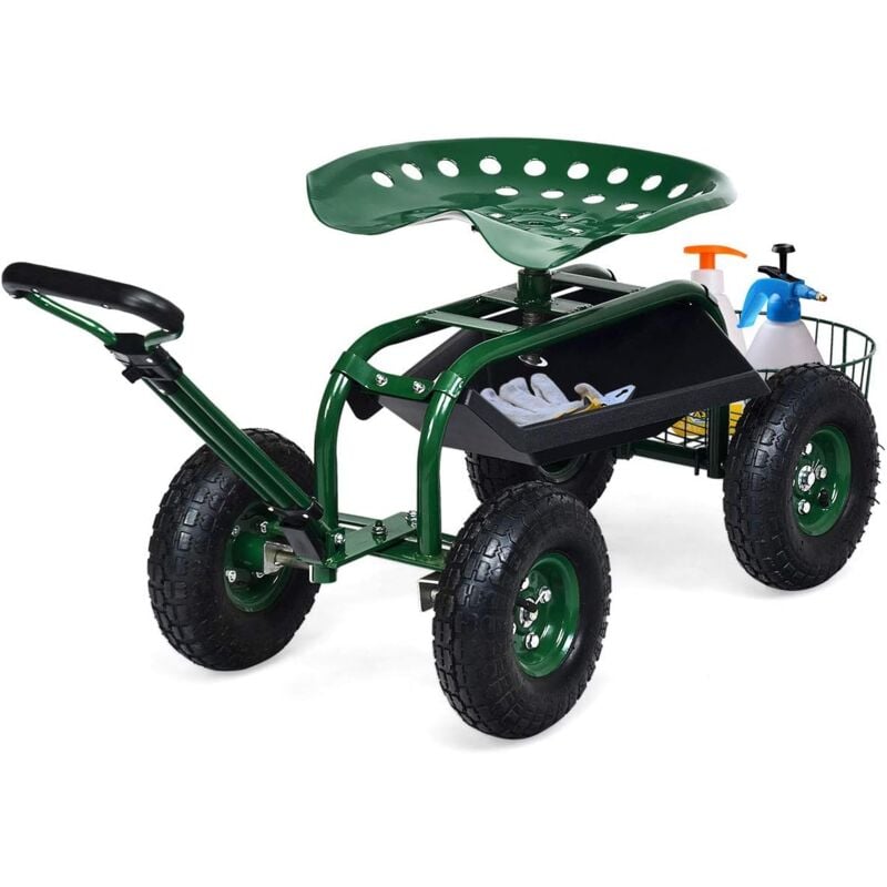 Siège de Jardin Roulant avec Poignée Extensible, Chariot Jardinage avec Siège Rotative 2 Plateaux à Outils Panier de Rangement 4 Roues en Caoutchouc